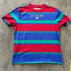 GUESS Originals USA Striped Logo Tee Men's Crew Neck Short Sleeve